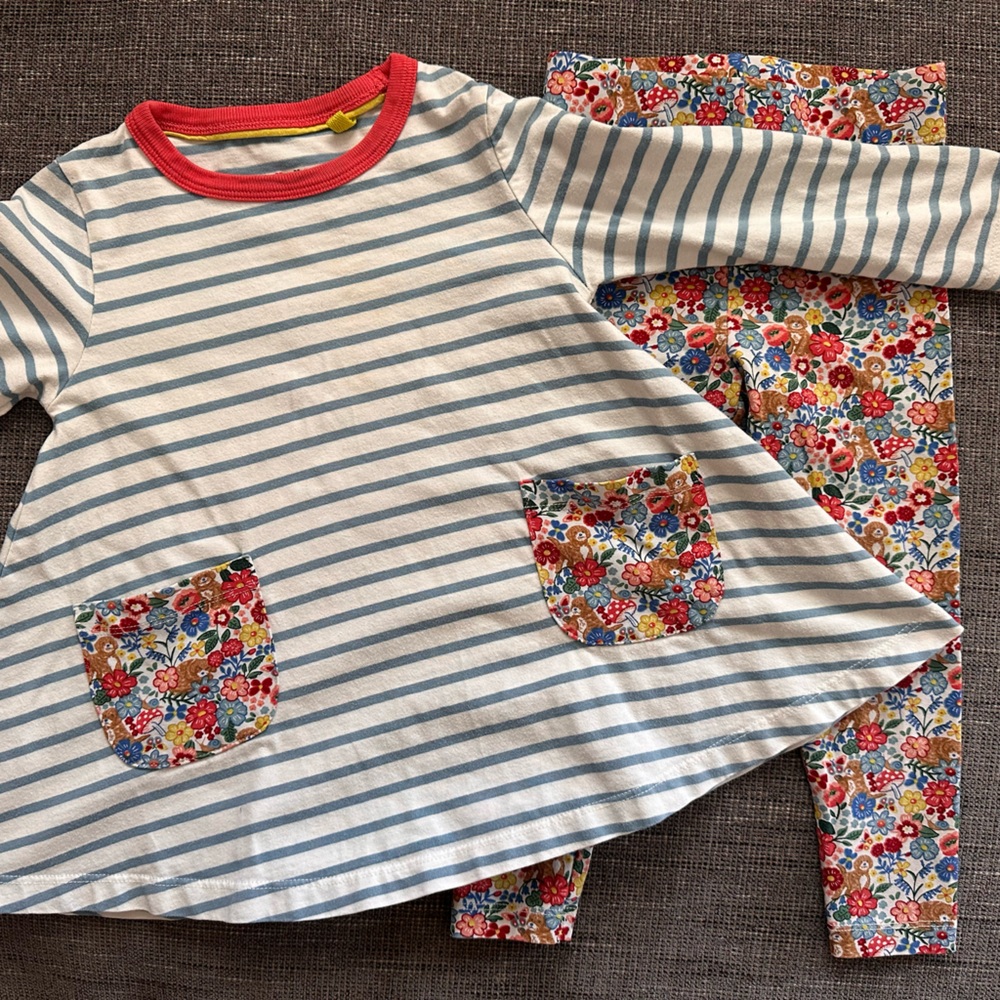 Mini Boden matching outfit floral dog mushroom stripes forest bear